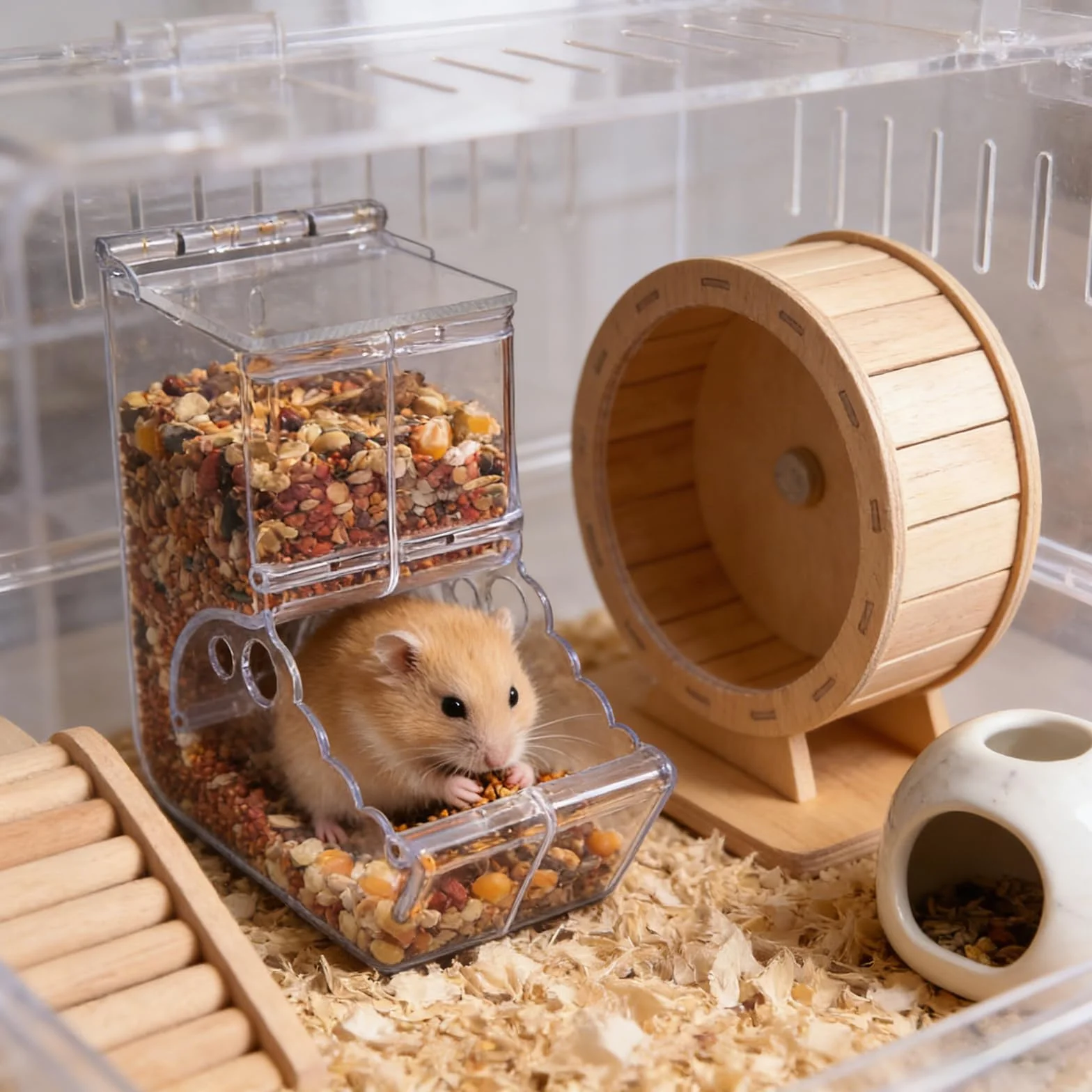 Distributore automatico di cibo per criceti, Acrilico Trasparente, Mangiatoia per Criceti Automatica, Hamster Feeder, Alimentatore Automatico a Gravità, per Criceti, Scoiattoli e Altri Piccoli Animali