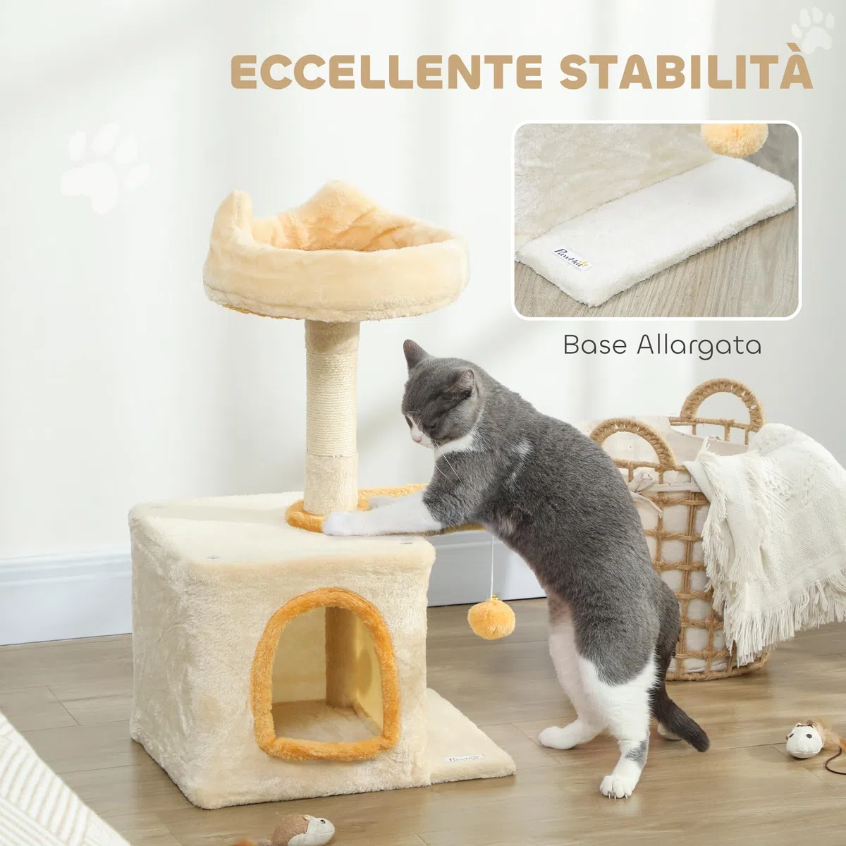 PawHut Albero Tiragraffi per Gatti con Posatoio e Casetta, Torre per Gatti in Truciolato, Peluche, cotone PP e Sisal, 40x30x72 cm, Beige e Giallo