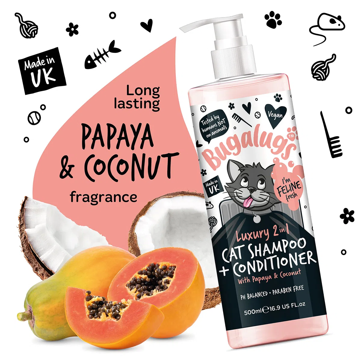 Bugalugs Shampoo e balsamo per gatti 2 in 1. Detergente, nutriente e condizionante per tutti i peli di gatto. Profumo calmante alla papaya e cocco. Per tutti i gatti e gattini. Toelettatura di gatti e