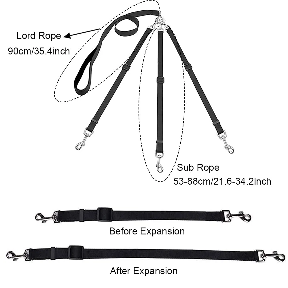 Guinzaglio per Cani, 3 in 1 Cane Guinzaglio, 3 In 1 Multi Guinzaglio per Animali Domestici, Regolabile Staccabile in Nylon Guinzaglio Cani, per animali domestici multipli (Nero)