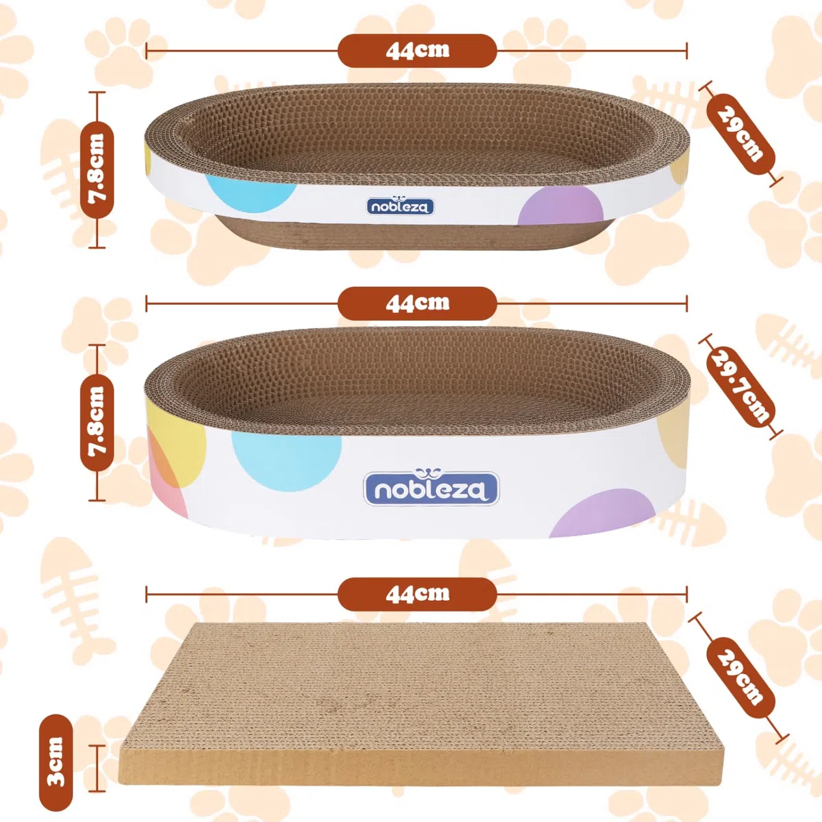 Nobleza Tiragraffi per Gatti 4 in 1 di Cartone Ondulato, Include Cuccia Ovale, Tavola Graffiatoio Piatta, Scatola di Cartone, Palline Giocattolo e Erba Gatta