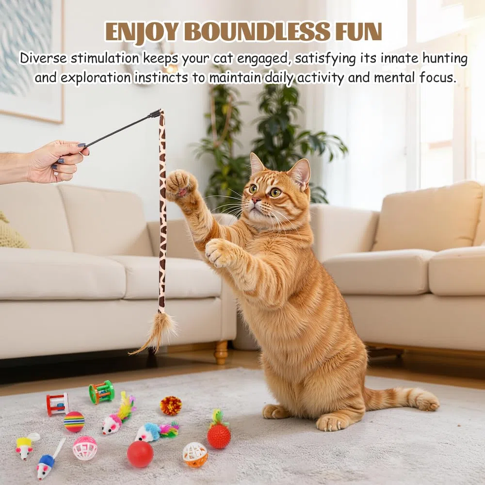 Set di Giocattoli per Gatti con Tunnel,22 Pz Giochi per Gattini,Gioco Gatto da Interno Set con Topi,Bacchetta di Piume Palline e Campane ecc per Gattini, Cuccioli