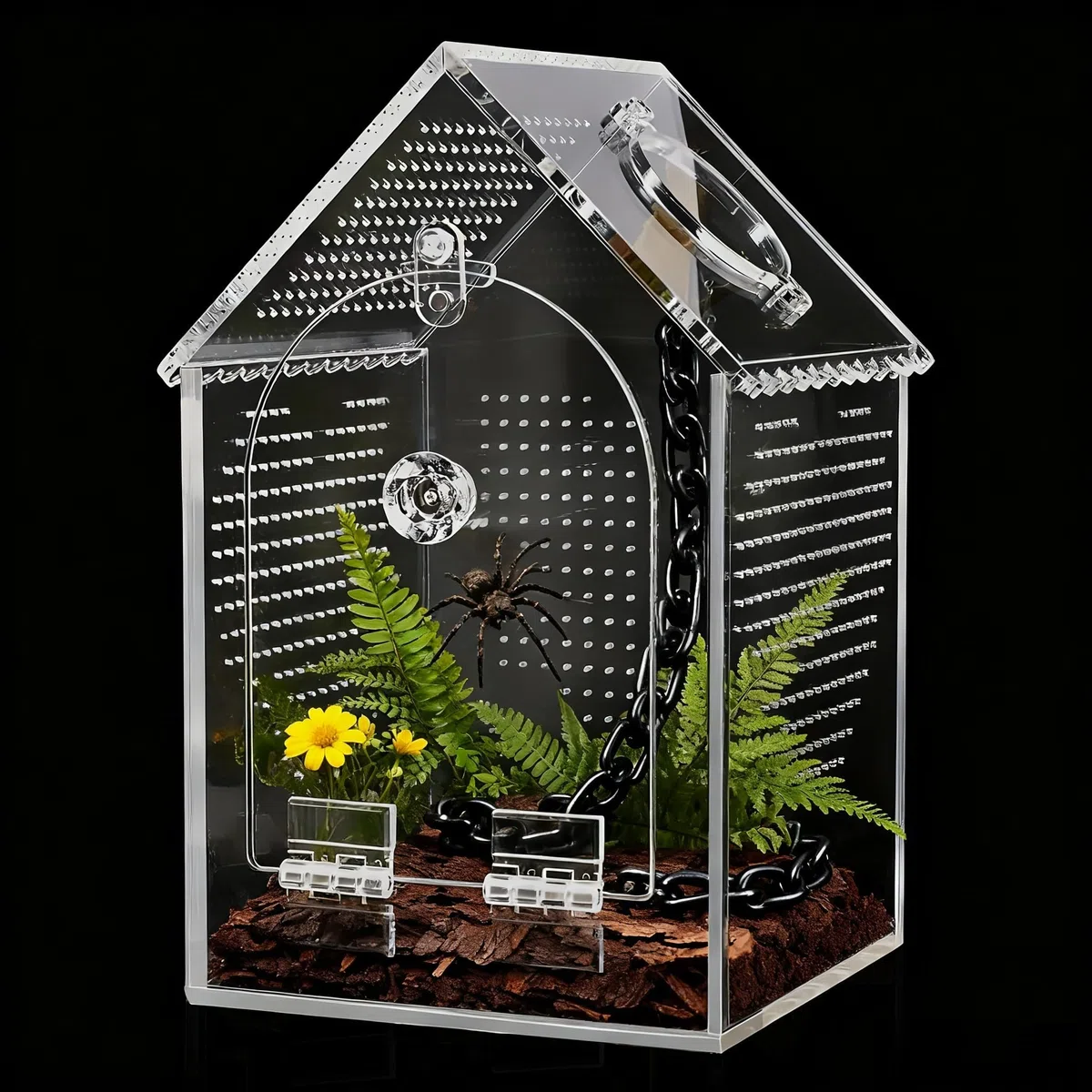 Recinzione a ragno in acrilico, 12,7 cm di lunghezza x 12,7 cm di larghezza x 20,3 cm di altezza, apertura frontale e porta di alimentazione, costruzione senza cuciture, robusto habitat acrilico
