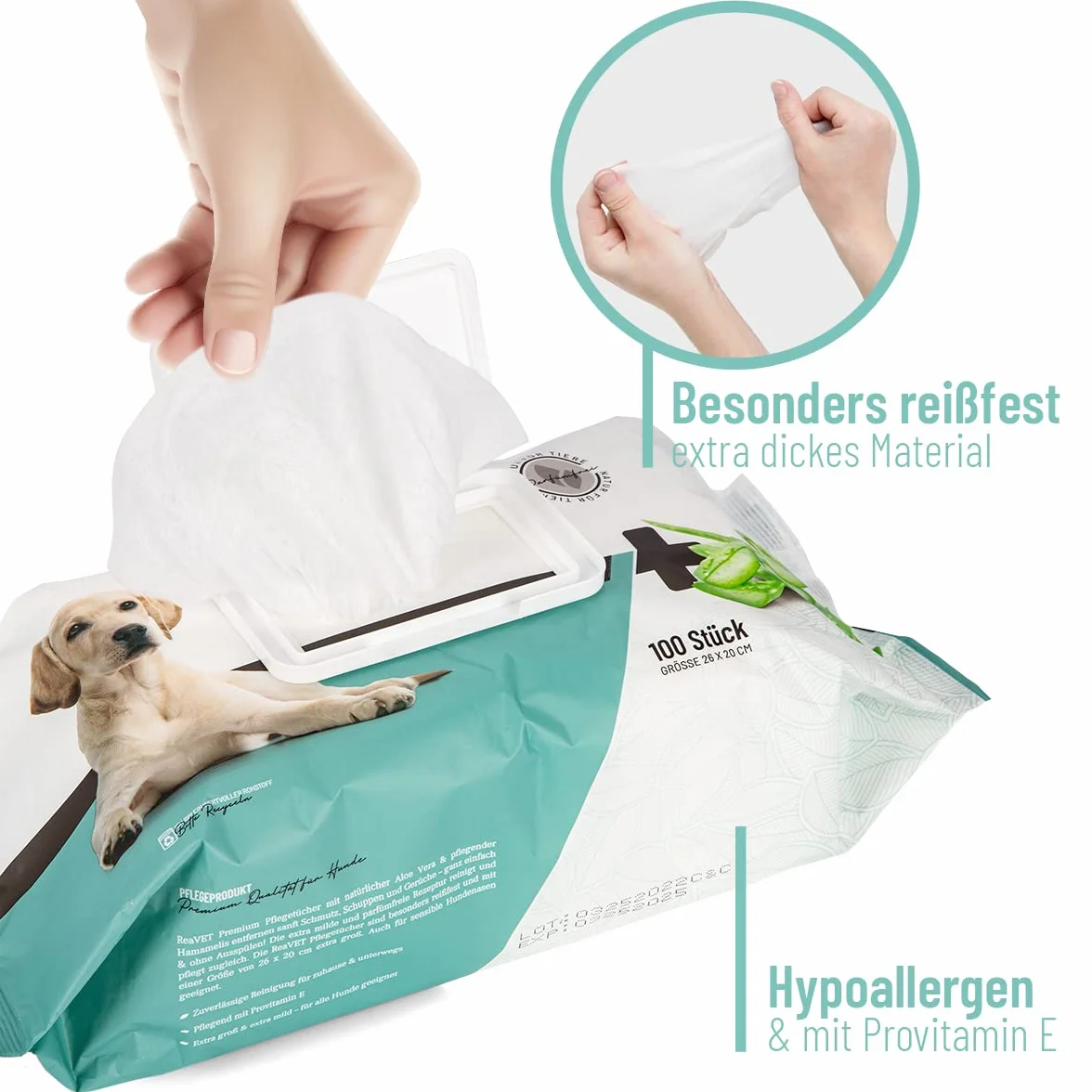 ReaVET Salviette per la cura del cane, 100 pezzi, XXL salviettine umidificate per cani, gatti, extra grandi, ipoallergeniche e antistrappo, salviettine umidificate per cani, per glutei, zampe, occhi e
