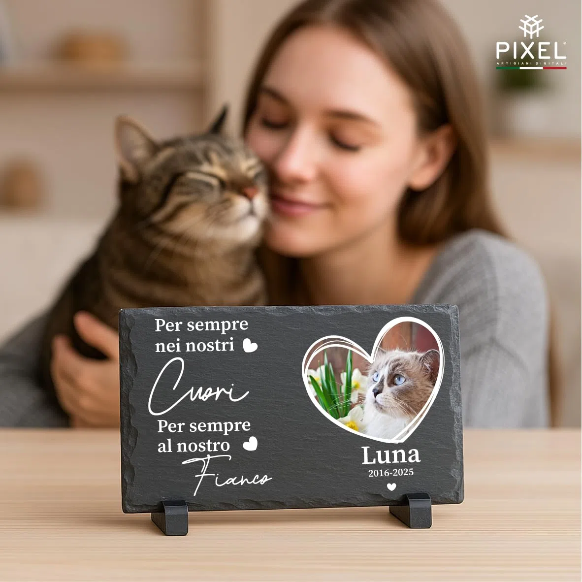 Pixel Cuore Ardesia Personalizzato con Foto e Frase | Targa Commemorativa Animali Domestici | Memoriale Cane Gatto con Immagine | Regalo Lutto Pet (Rettangolare)