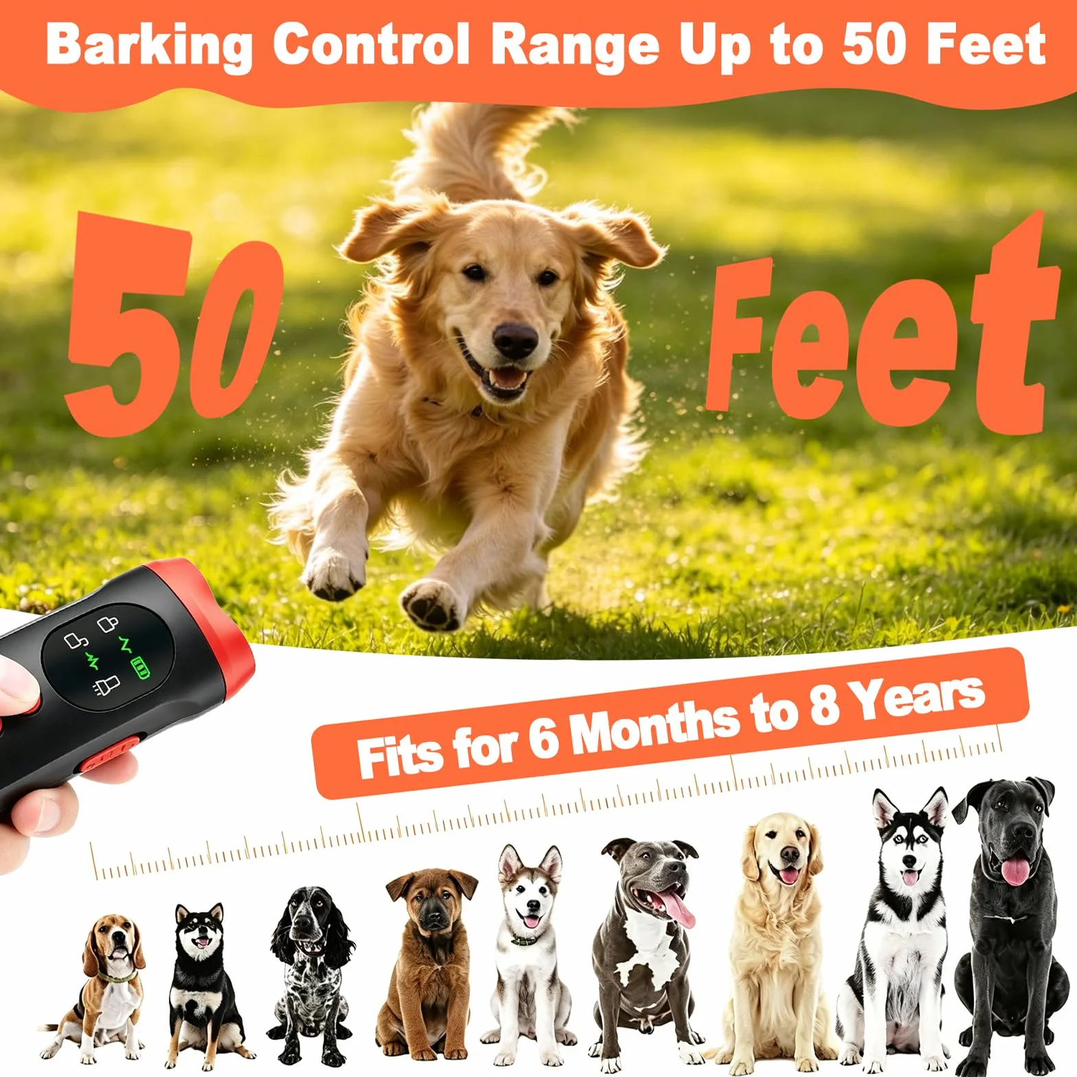 Dispositivo anti-abbaio per cani, deterrente per l'abbaio ad ultrasuoni, portata 10,7 m, dispositivo di controllo dell'abbaio ricaricabile con display HD e torcia a LED, sicuro per cani di