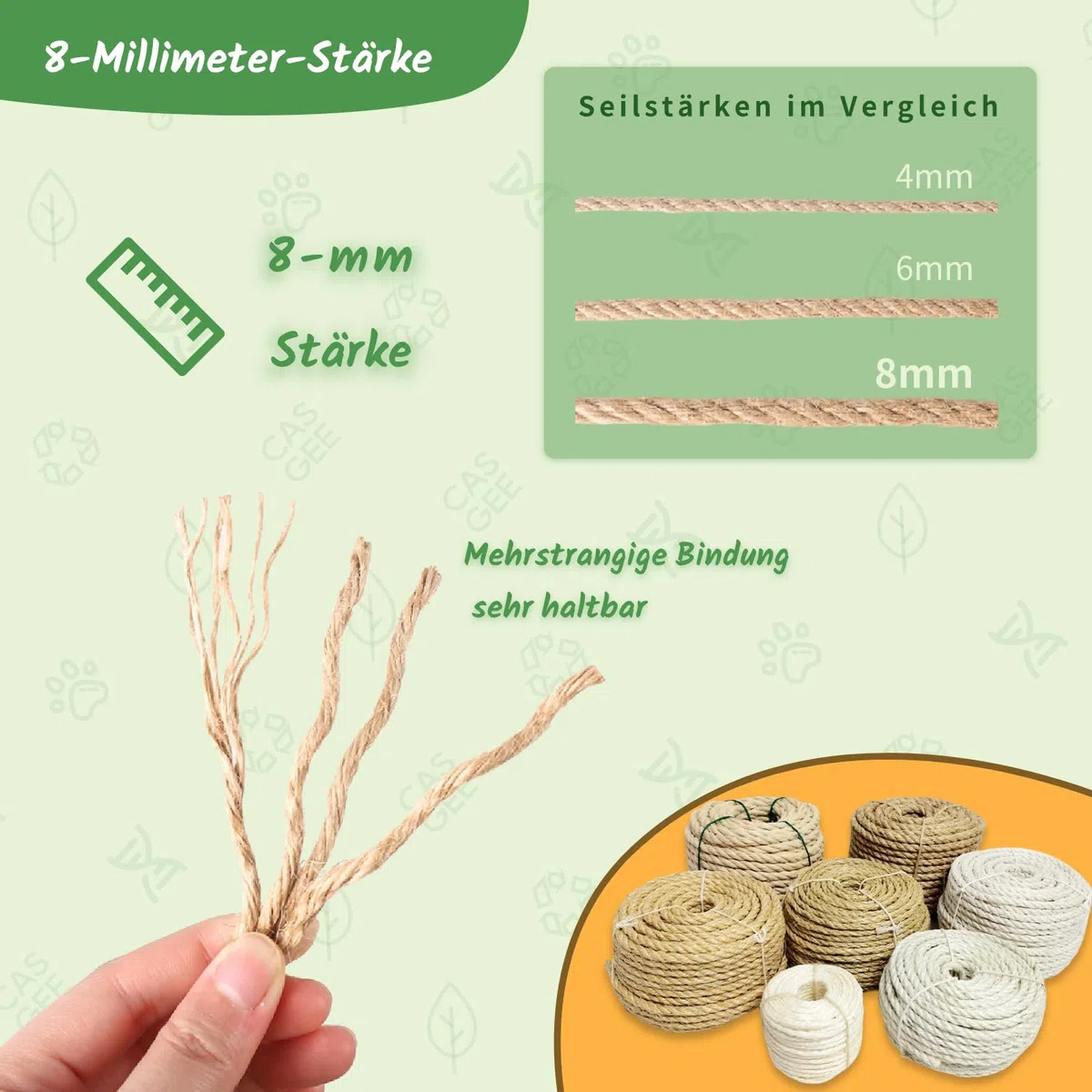 Corda in sisal per tiragraffi 8 mm x 30 m, corda in sisal naturale, per tiragraffi, ricambio per gatti, tiragraffi, corda in sisal per albero tiragraffi, decorazione di case, bianco