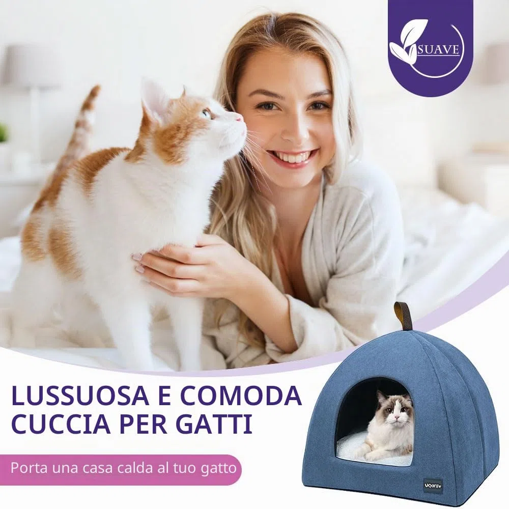 Voarge Letti per gatti, grotta morbida, in pile caldi, con cuscino interno rimovibile e lavabile, blu, Small