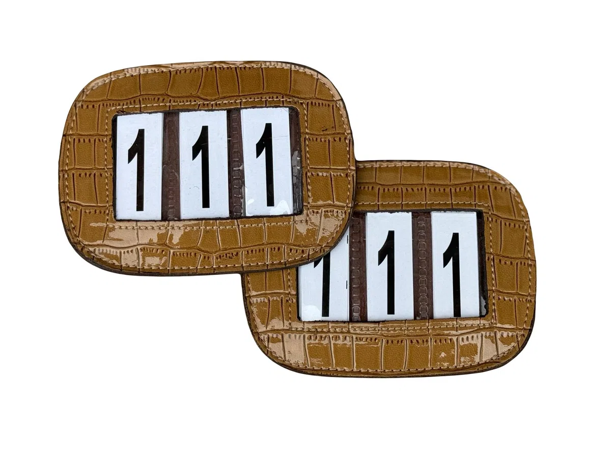 Competition - Porta numeri in pelle a 3 cifre per briglie e sottosella con brevetto Crocco (marrone chiaro)