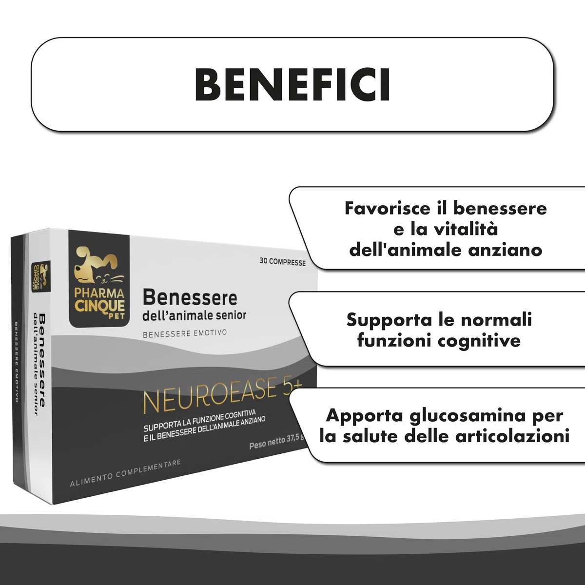 Integratore per Cani e Gatti Anziani – Supporto Cognitivo e Memoria per Pet Meno Reattivi – Con Fosfatidilserina, Reishi e Vitamine B – 30 Compresse – PHARMACINQUEPET Neuroease 5+