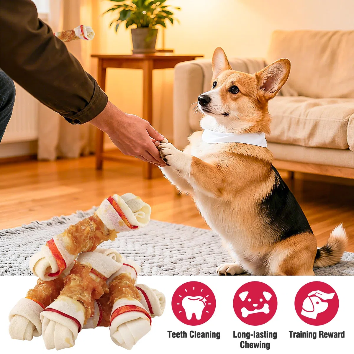 Snack per cani Ossa di pelle grezza avvolte nel pollo, ossa annodate avvolte nel pollo a lunga durata da masticare per cani 4,5", snack per l'addestramento facili da digerire,200G (200G)