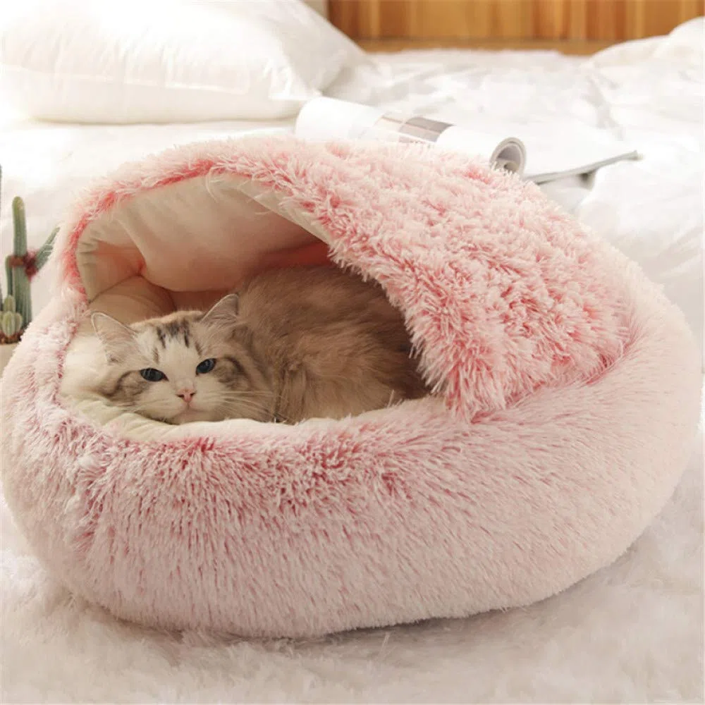 Letto per gatti morbido, rotondo, in morbido peluche, con cappuccio, per interni e invernali, per animali domestici, antiscivolo, lavabile in lavatrice, 1 40 cm, colore: Rosa