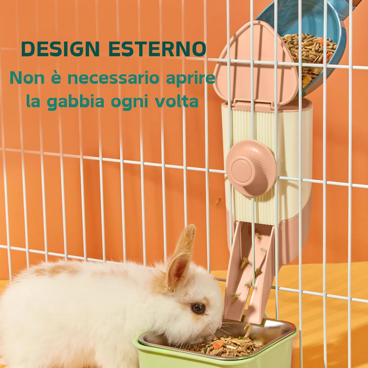 Porta Fieno Conigli, Set di alimentazione 3 in 1 con ciotola per cibo e imbuto sospeso per gabbia, Mangiatoia per Coniglio Cavia Cincillà Piccoli Animali (Rosa)