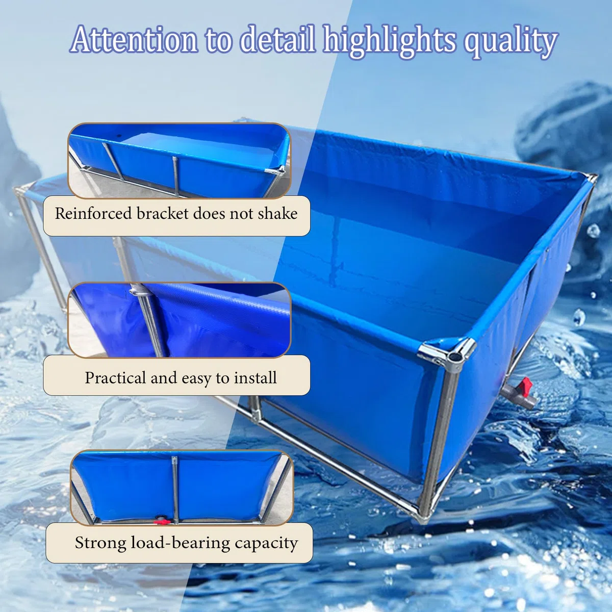 Stagno per pesci in PVC con valvola di scarico, piscina temporanea con telaio in acciaio per animali acquatici, 2 x 2 x 0,5 m, blu-nero, serbatoio per pesci d'acqua salata