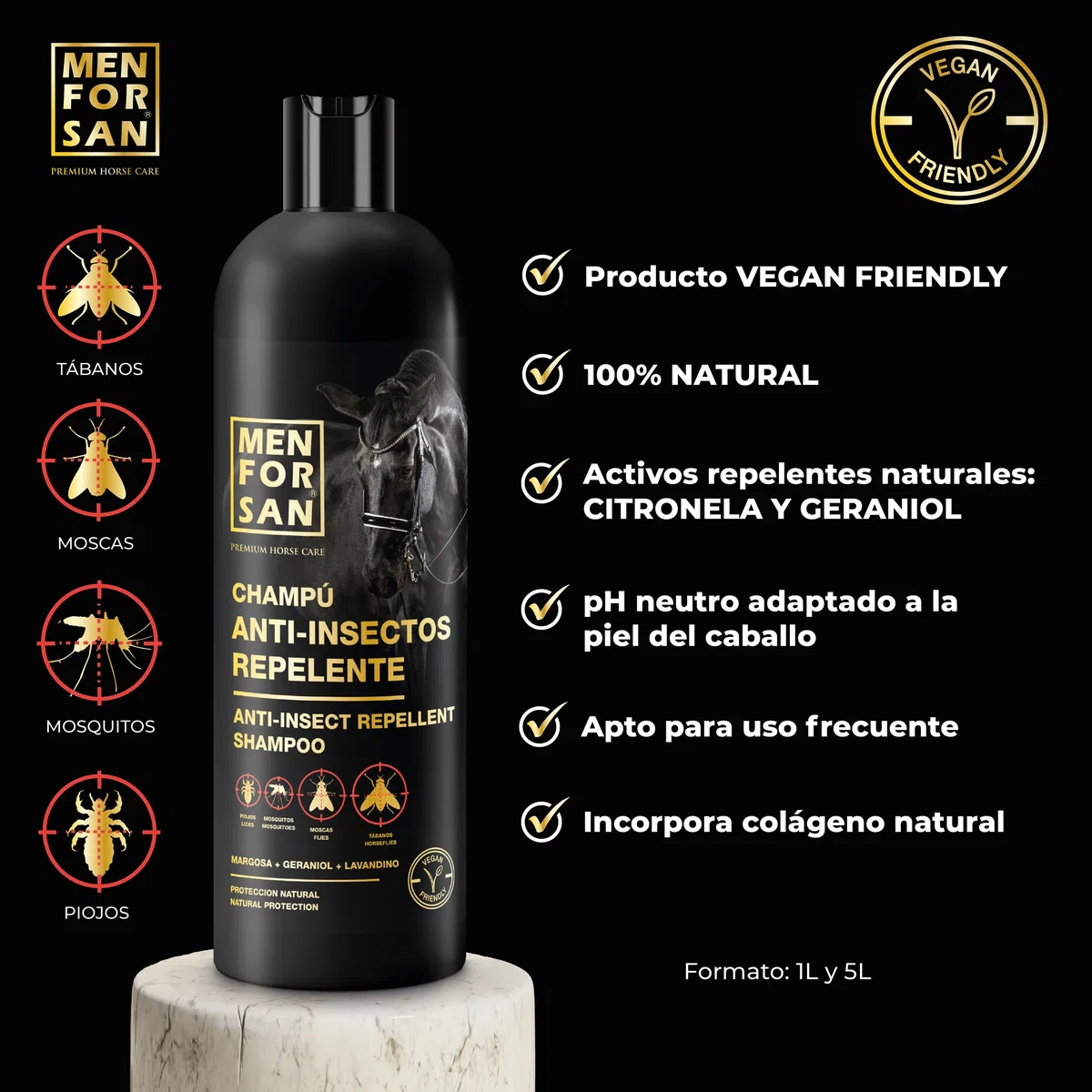 MENFORSAN Shampoo insetto-repellente per cavalli, 1L : Con margosa, geraniolo e lavandina : BIO, 100% naturale : PREMIUM HORSE CARE