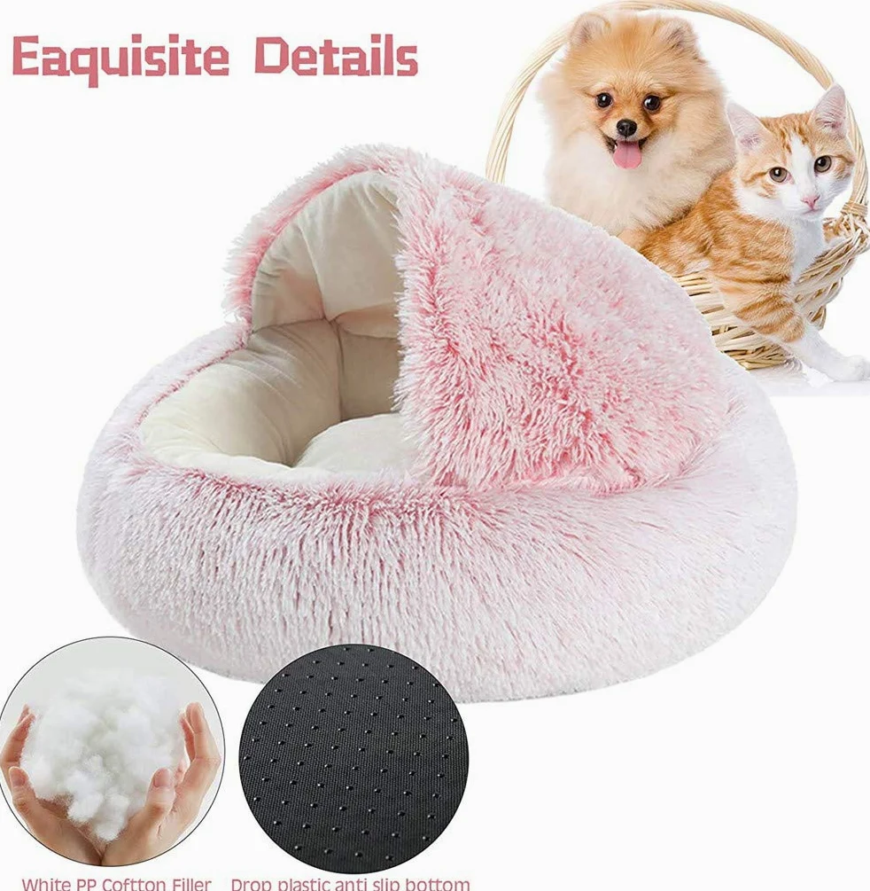 Letto per Gatti Morbido, Rotondo, in Morbido Peluche, con Cappuccio, per Interni e Invernali, per Dormire, Antiscivolo, Lavabile in Lavatrice, per Gatti, Cuccioli, 50*50cm-Grigio-Peluche corto