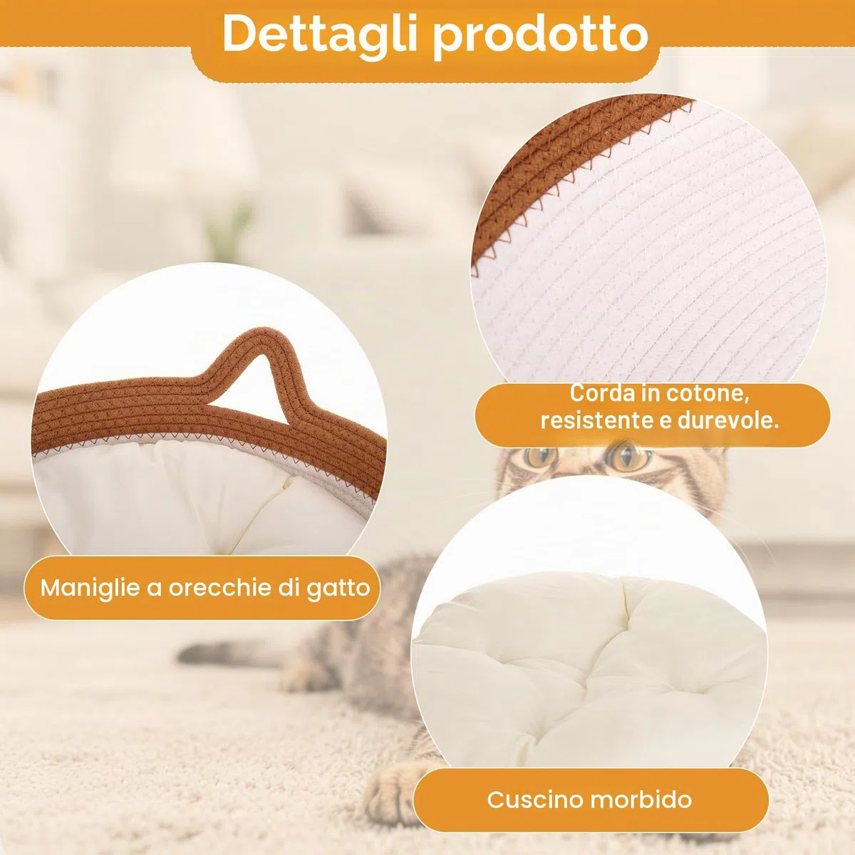 Zocipro Letto per Gatti in Corda di Cotone con Cuscino, 46x46x16 cm Grande Cuccia Rotonda Lavabile con Pallina Giocattolo in Corda di Cotone