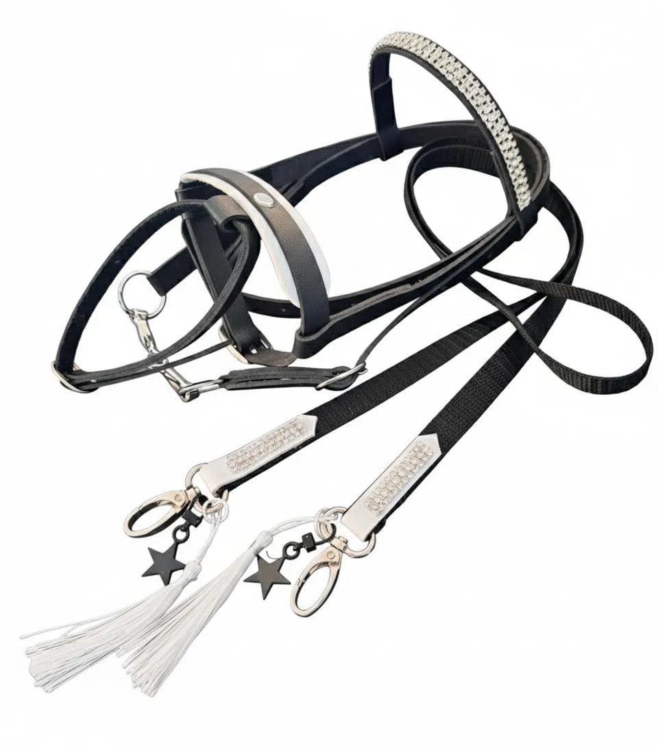 Briglia per hobby horse, finimenti imbottiti bianchi inclusi redini, accessori per hobbyhorsing, senza cavallo