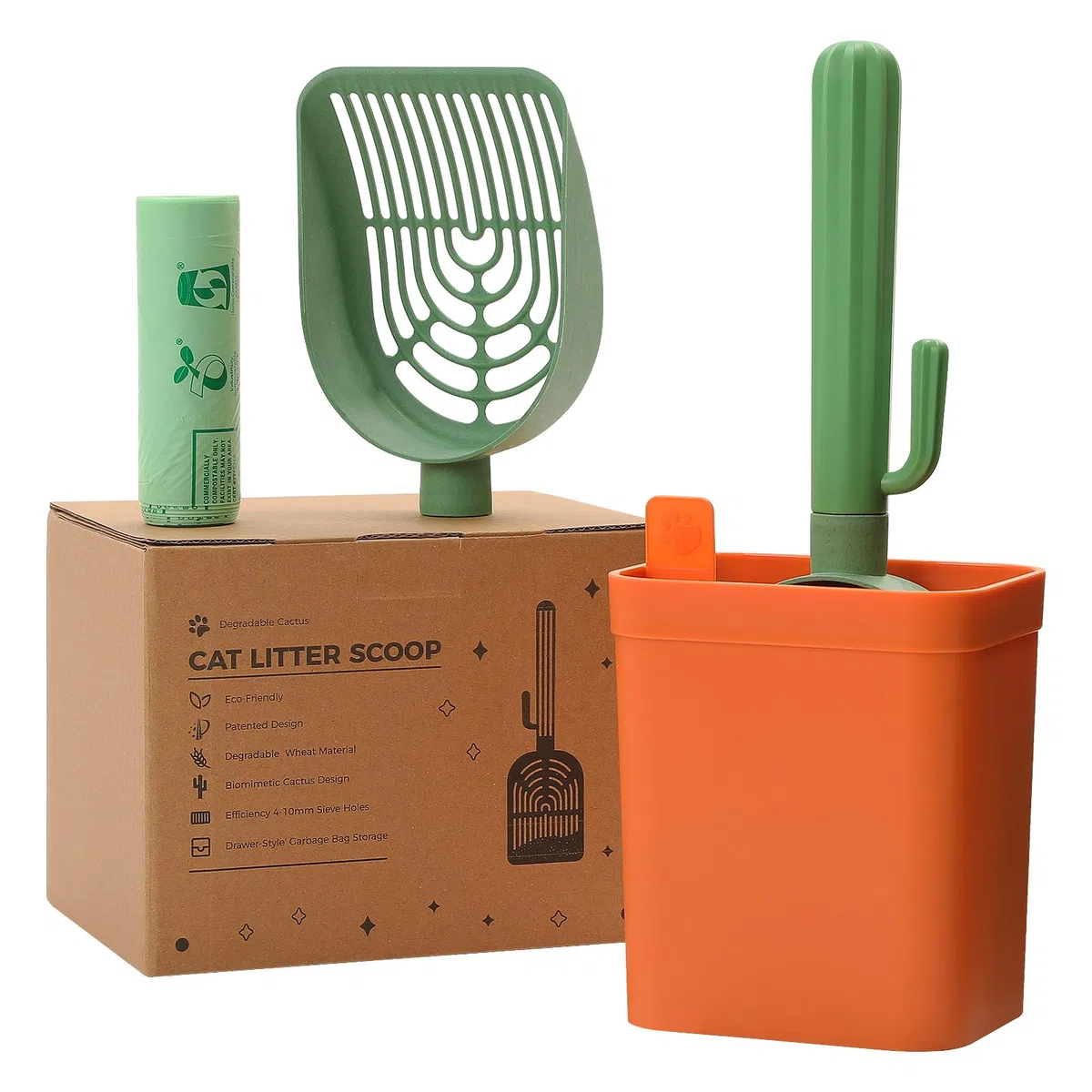 PAWZ Road Paletta per lettiera Cactus con supporto - 2 teste in plastica di paglia biodegradabile e manico durevole in ABS e scatola - Paletta per gatti premium con 1 rotolo di sacco per rifiuti