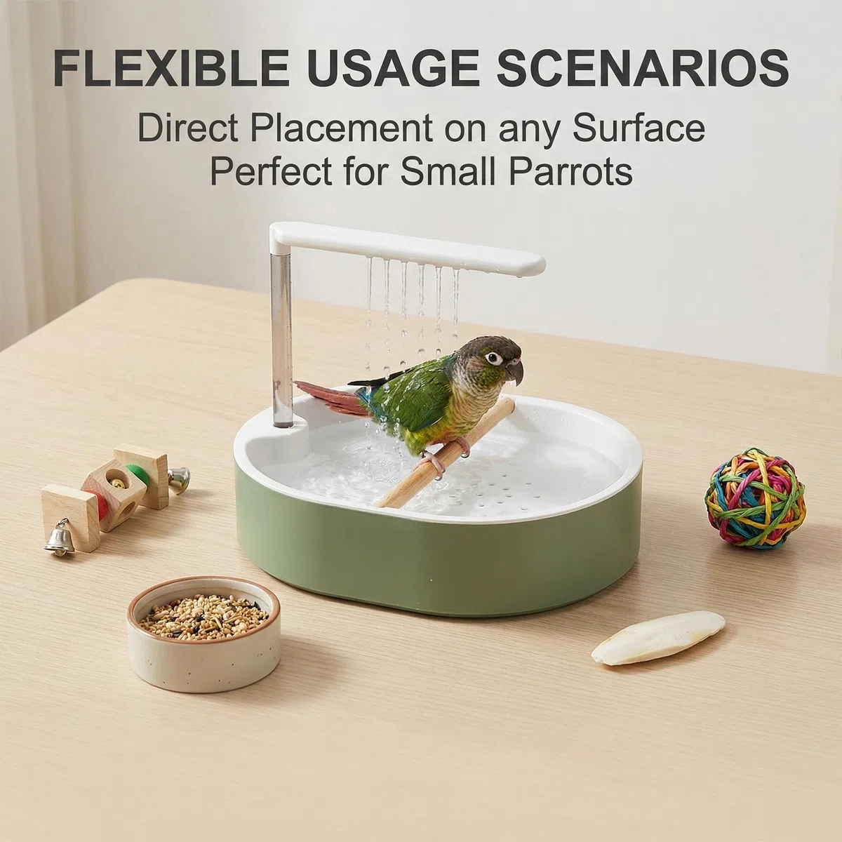 PORFOYO Doccia per Pappagalli: Bagno Doccia Automatica per Uccelli, Multifunzionale Fontana da Bagno Automatica con Testa Doccias E Pompa per Cocorite, Inseparabili, Parrocchetti (Verde)