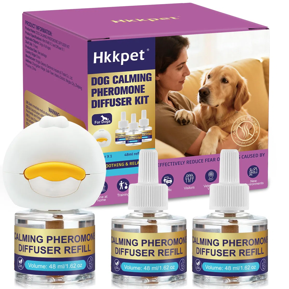 Diffusore di Feromoni per Cani con 3 Ricariche (48 ml) – Aiuta a Ridurre Comportamenti Legati allo Stress, Abbaio, Masticazione e Ansia da Separazione – Adatto a Case con Più Animali