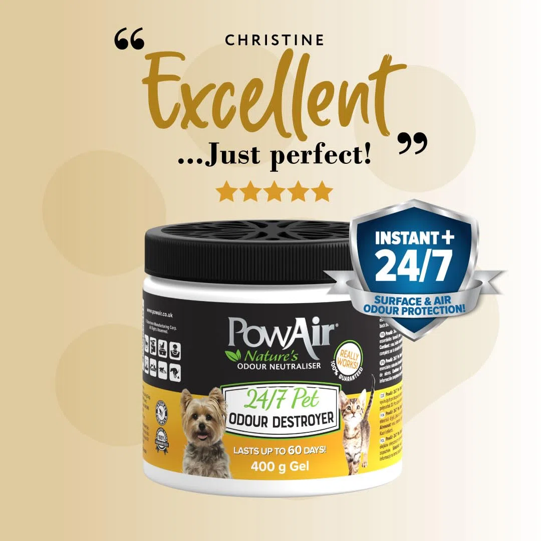 PowAir Pet Odour Destroyer Gel – Neutralizzatore naturale di odori per cani e gatti, sicuro e di lunga durata, elimina gli odori degli animali domestici fino a 60 giorni (400 g)