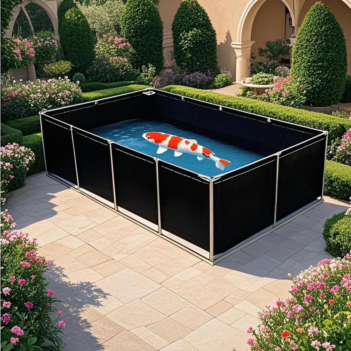 Stagno per pesci in PVC con valvola di scarico, piscina temporanea con telaio in acciaio per animali acquatici, 2 x 2 x 0,5 m, blu-nero, serbatoio per pesci d'acqua salata