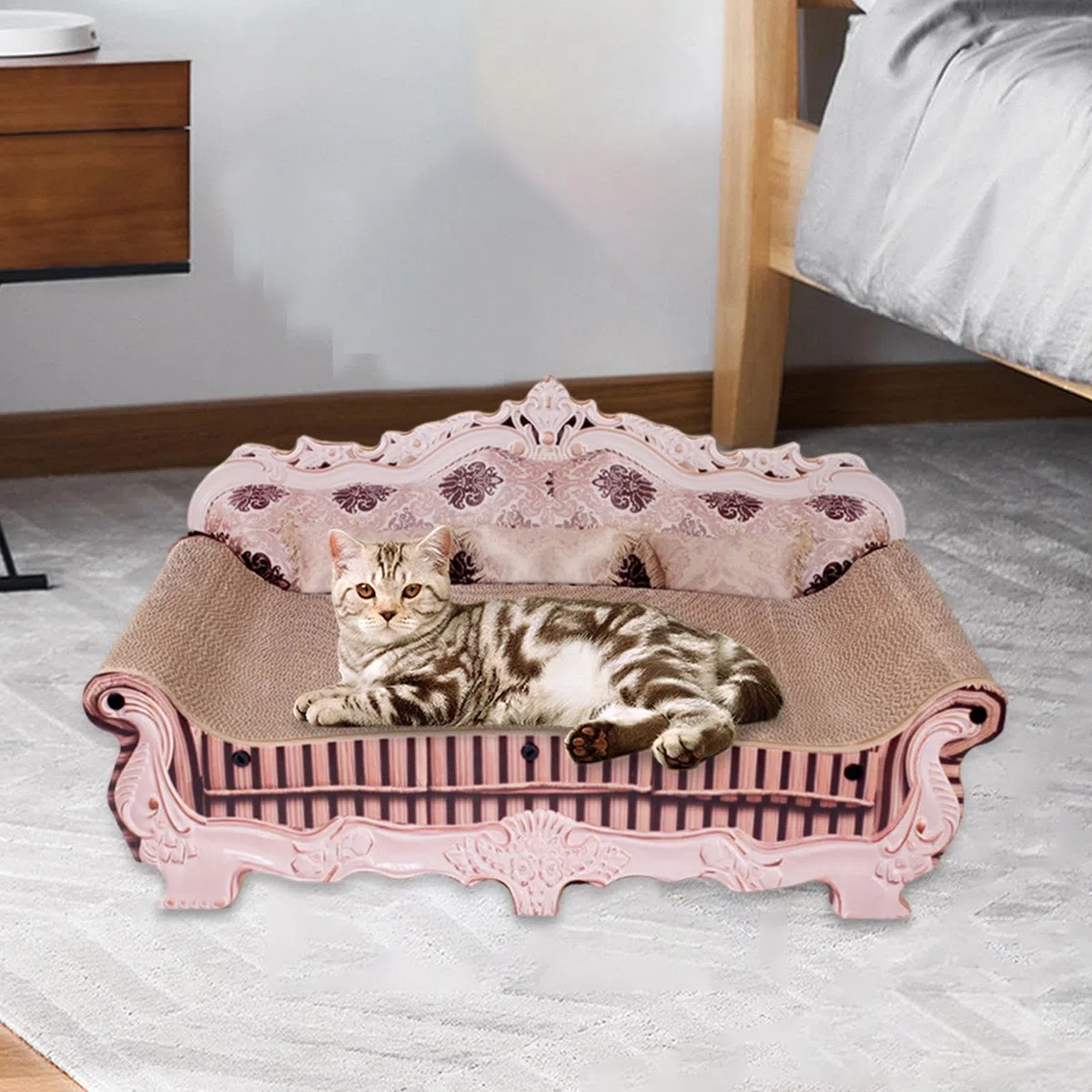 rockible Tiragraffi per Gatti in Cartone Ondulato, Divano, Letto, Tiragraffi per Gatti, 50x24x24 Cm, Accessorio Multifunzionale Resistente all'Usura, Giocattol
