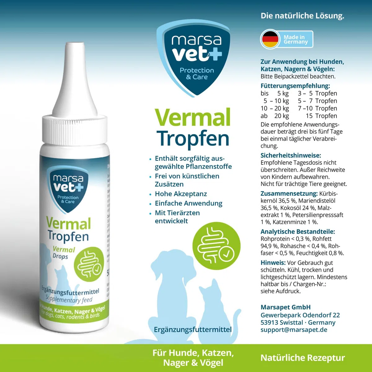marsavet+ Vermal Gocce 50 ml – Soluzione Naturale per Ambiente Intestinale Sfavorevole ai Vermi, Aiuta Contro Giardia, Rimedio per Vermi e Parassiti Intestinali per Cani, Gatti e Roditori