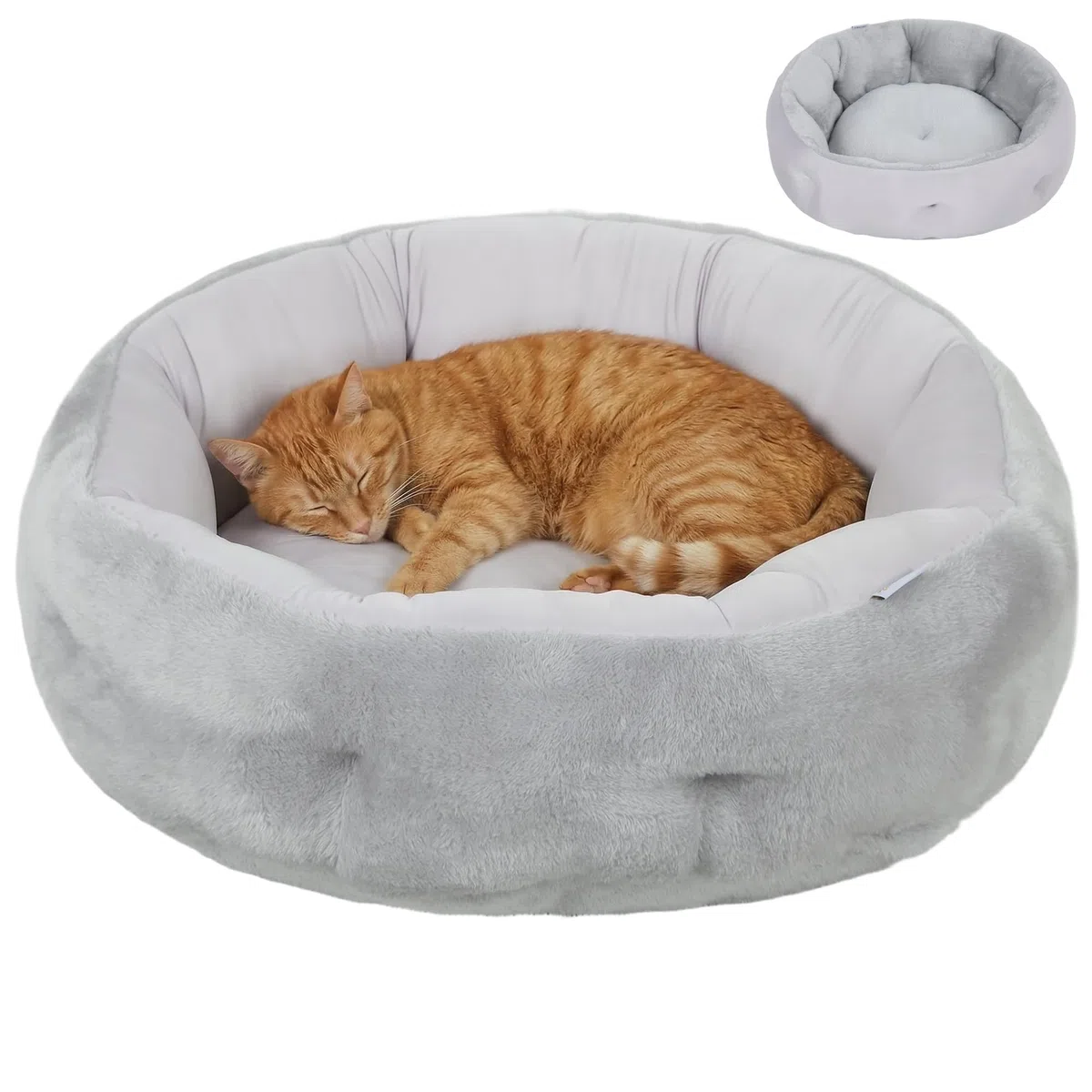 PawHut Letto per Gatti in Peluche, Cuccia per Gatti Rotondo con Bordo di Supporto, Uso su Entrambi i Lati, 62x62x21 cm, Grigio Chiaro