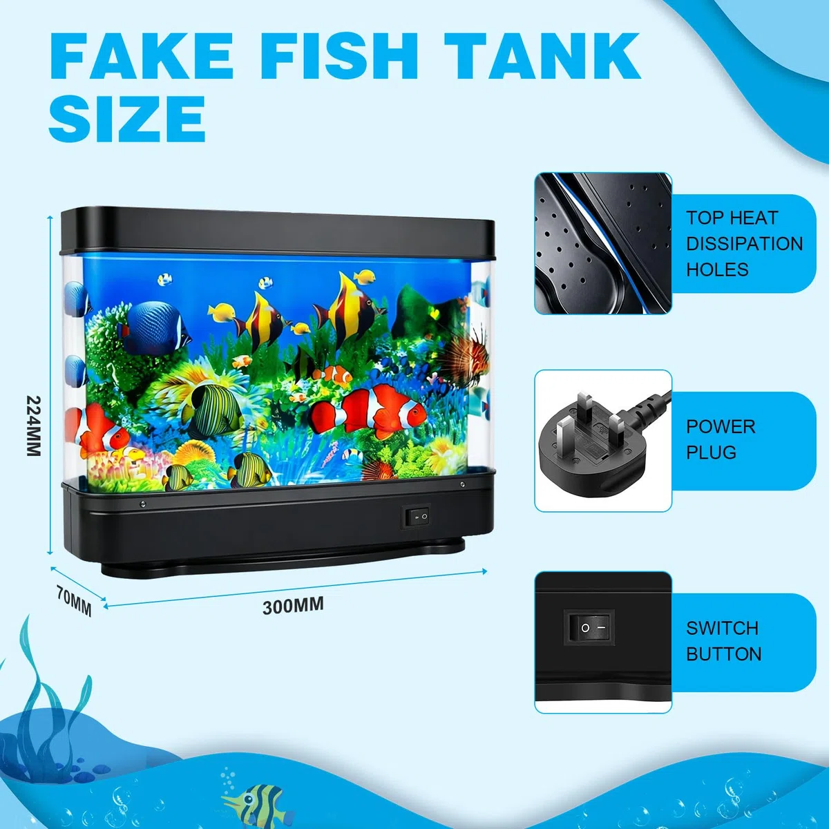 DoubleCare Lampada per Pesci, Lampada Virtuale con Pesci in Movimento, Decorazione Artificiale per Acquario, Decorazioni Realistiche per Acquario Artificiale per Camera da Letto e Ufficio - Nero