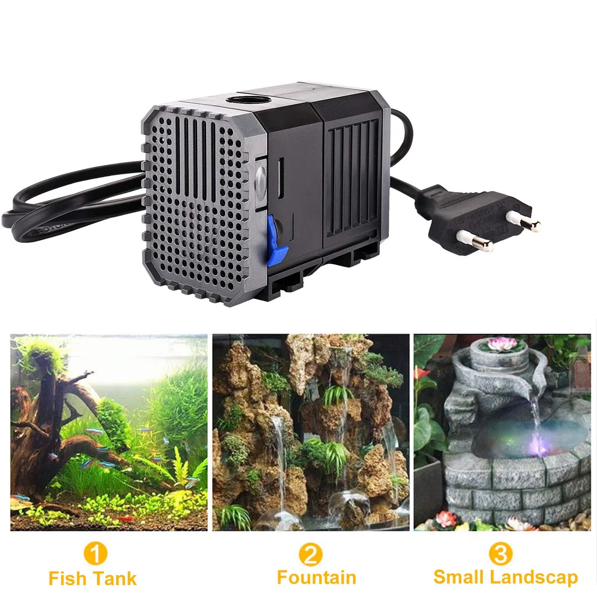 EXLECO Pompa Acqua 500L/H 7W 230V Pompa Sommersa per acquario Pompa per laghetto Sommergibile Pompe Fontana Pompe filtro Pompa di alimentazione Pompe sommergibili con Spina per Piscina Stagno Étang