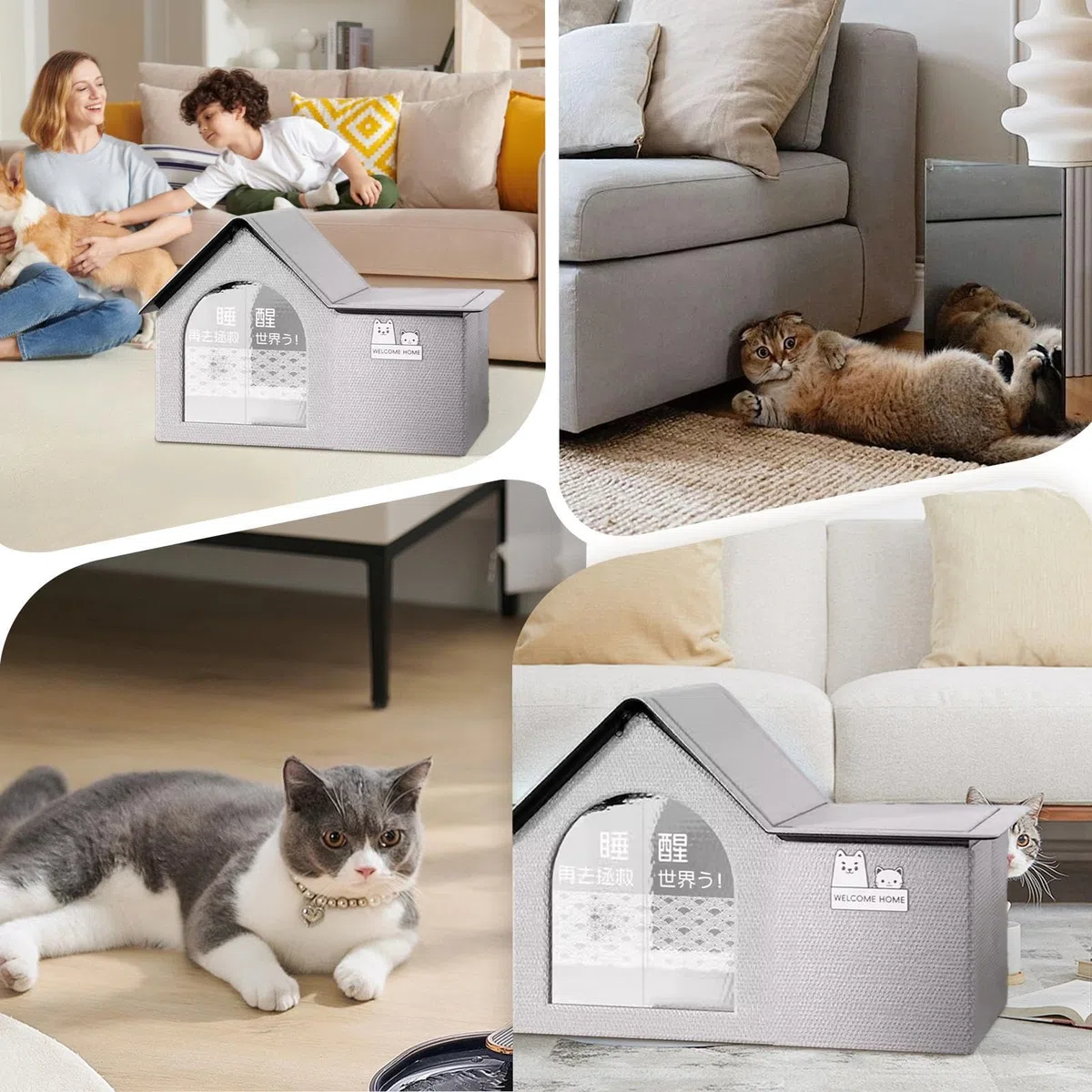Cuccia refrigerante per gatti da interni, pieghevole, con 10 impacchi di ghiaccio, casetta ventilata per animali domestici, con tetto inclinato, per interni ed esterni