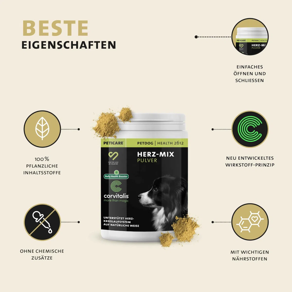 Peticare Polvere Cuore e Circolazione Cani – Supporto Naturale per la Vitalità – Con Biancospino e L-Carnitina – Integratore Funzione Cardiaca