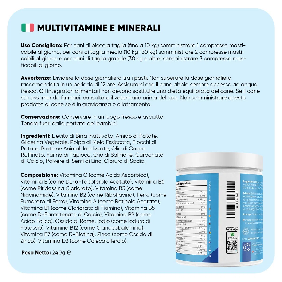Vitamine per Cani con Minerali, 120 Compresse Masticabili, 18 Vitamine e Minerali, Sistema Immunitario, Ossa, Articolazioni e Pelo, Integratori per Cani per Tutte le Taglie e Razze, Prodotto in UE
