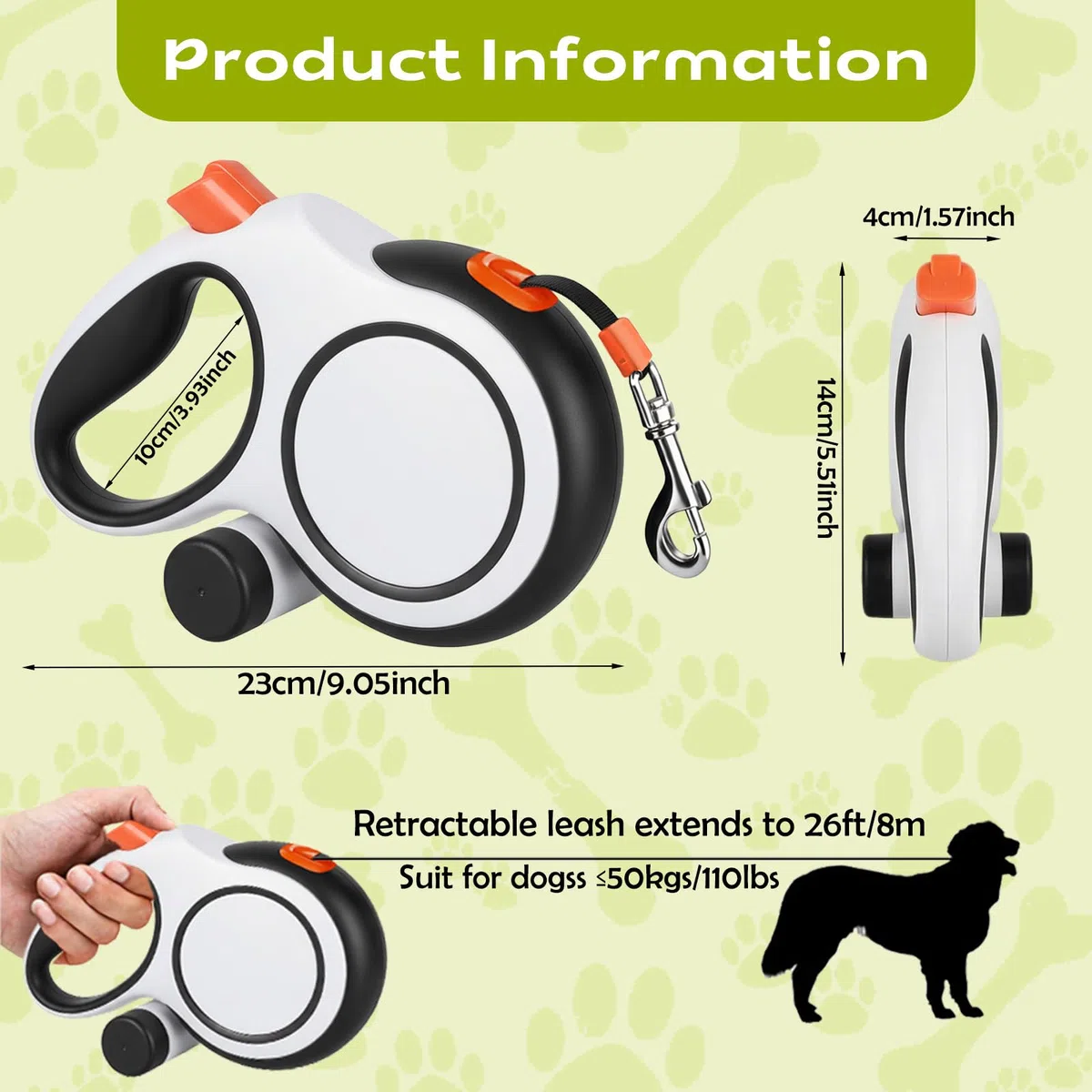 Guinzaglio per Cani Allungabile 8m(Fino a 50 kg), Guinzaglio Retrattile per Cani con Portasacchetti Integrato e Pulsante di Freno Rapido, Guinzaglio Esteso Senza Grovigli a 360° (Bianco, 8m)