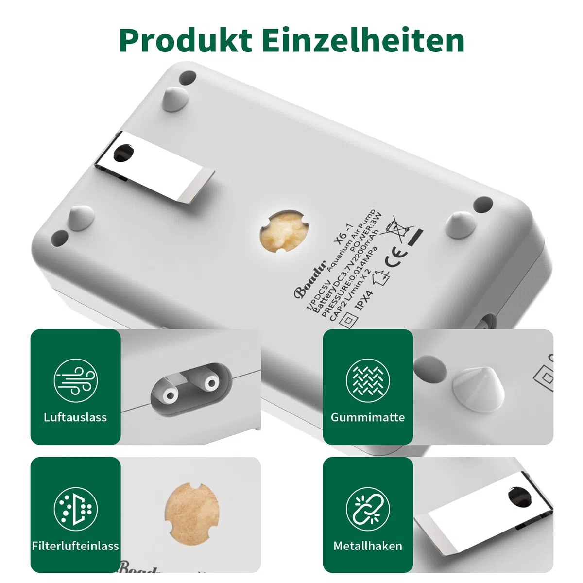 Pompa ad aria per acquario, pompa di ossigeno ricaricabile con batteria da 2200 mAh o 4400 mAh, per pesca all'aperto e interruzione di corrente, Nano Mini accessorio per acquario con pietra