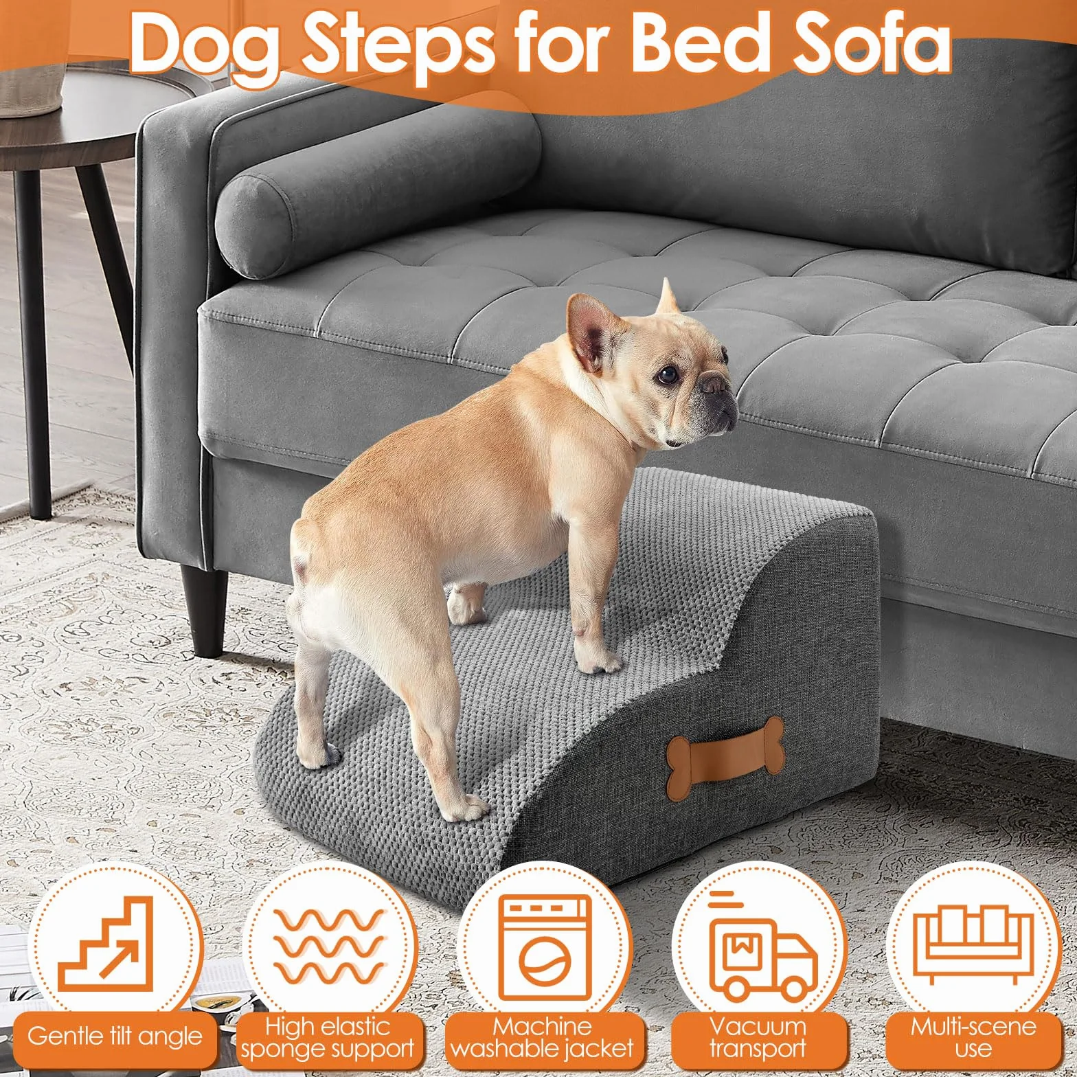 Scala per cani di piccola taglia con rivestimento lavabile e fondo antiscivolo, 55 x 34 x 40 cm, scala per animali domestici, scala a 3 livelli, rampa per cani rimovibile per letto, divano (grigio