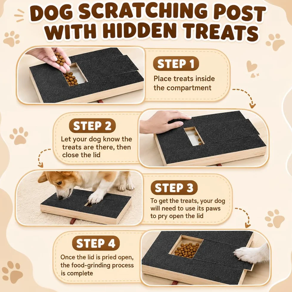 Tiragraffi per Cani con Scatola per Snack, 35x25x3 cm Tappetino AntiGraffio per Cani, Scratchboard per Unghies, Tavoletta Unghie Legno per Cani, Alternativa a Tagliaunghie e Smerigliatrici
