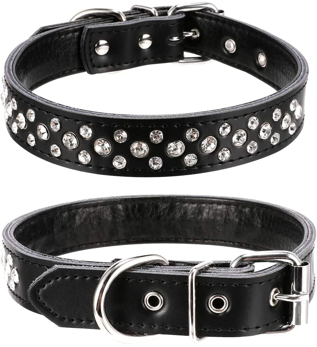Collare per cani con strass, regolabile, con borchie di cristalli scintillanti, in vera pelle, per cani di piccola e media taglia (L, nero)