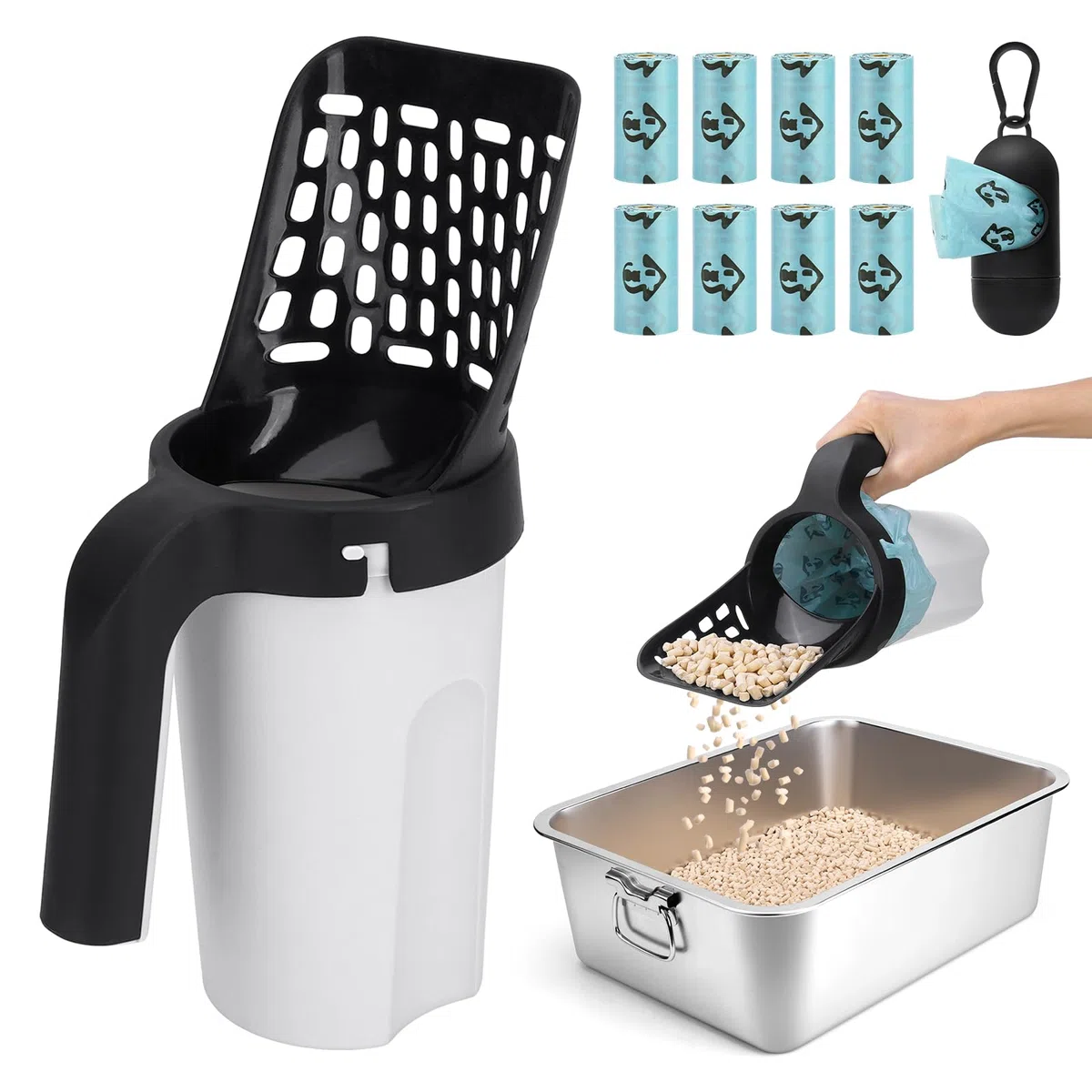 2 in 1 Paletta per Lettiera Gatto con Contenitore, MYPIN Paletta con Sacchetto per Lettiera gatti, Portatile Cucchiaio per Lettiera Gatti con 120 Sacchetto Grande Capacità（nero）