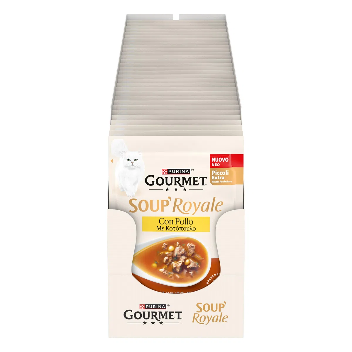 GOURMET SOUP ROYALE Alimento Umido Complementare per Gatti Adulti gusto Pollo guarnito con Perle di Pasta e Spinaci, 30 Buste da 45g