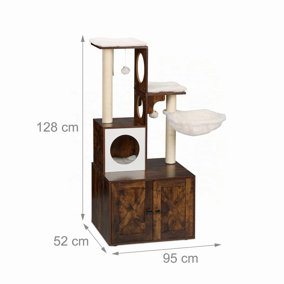 Relaxdays Albero Tiragraffi Gatti, Torre Alta 128 cm, con Cuccia, Armadietto Lettiera, Graffiatoi, Palle, Marrone Bianco