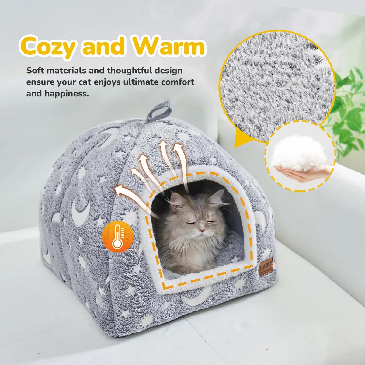 CATISM Luminosa Cuccia Gatto Interno - 2 in1 Cucce per Gatti 40 x 40 x 38 cm, Pieghevole, Lavabile e Confortevole con Cuscino Rimovibile per Gatti, Animali Domestici