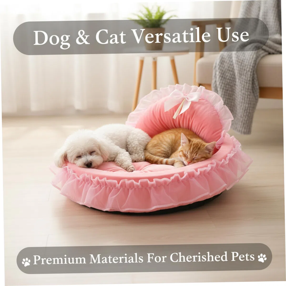 Cuccia per cani Princess con finiture arricciate, morbida e calda cuccia per cuccioli con cuscino staccabile, accogliente divano per gatti