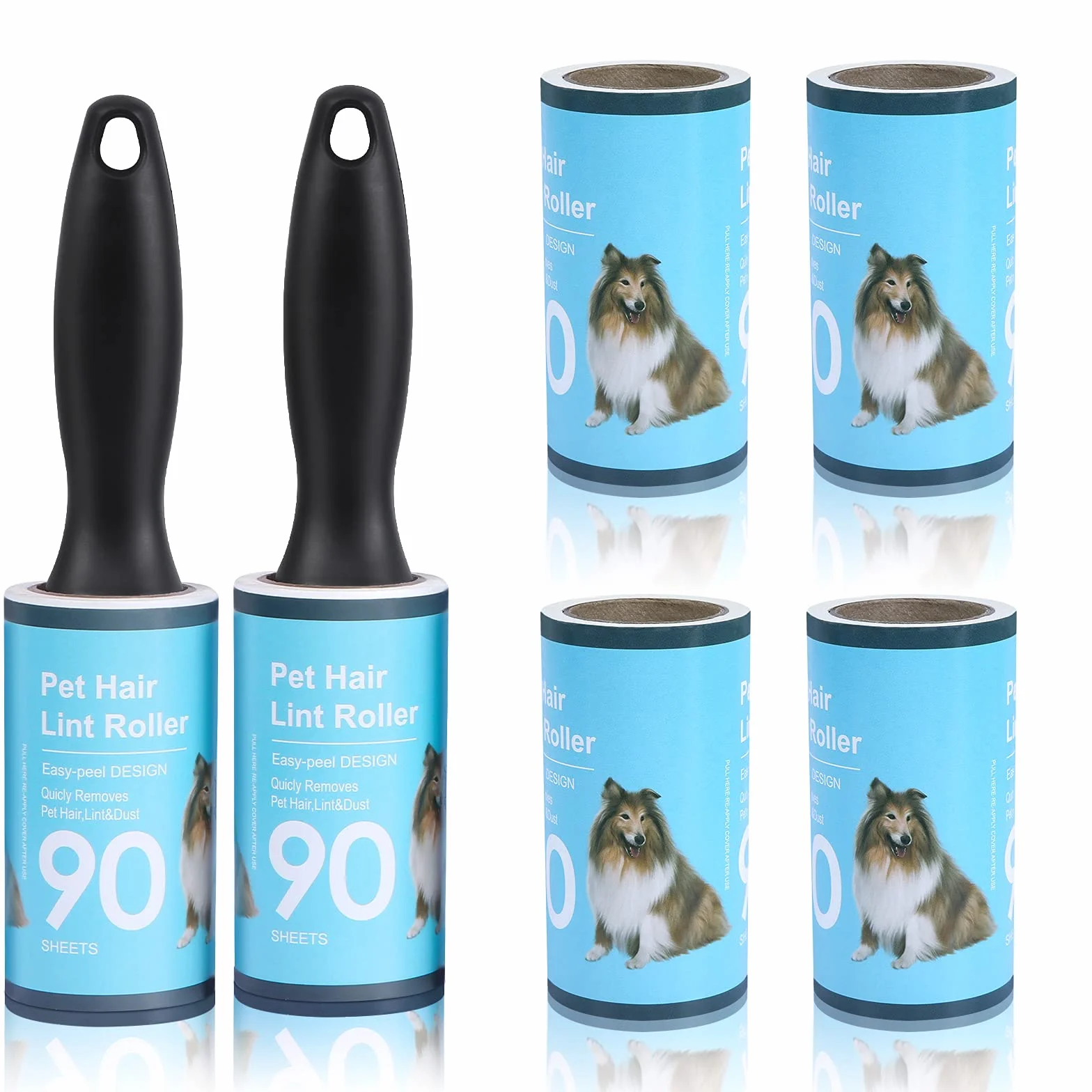 jiehu Rullo di lanugine da 2 Manici e 6 ricariche Fogli Rulli adesivi leva peli lint roller Rotoli adesivi per peli Spazzole adesive Rotolo Rullo levapelucchi adesivo Capelli,Peli di Cane/Gatto
