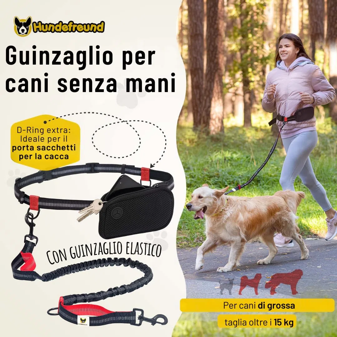 Guinzaglio mani libere per cani da jogging | Rosso e nero elastico e riflettente di 120 – 170 cm | Per corerre, canicross, passeggiate ed escursioni