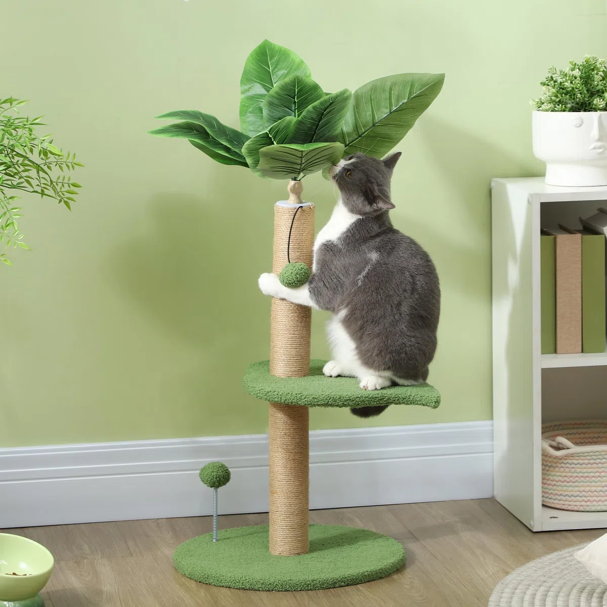 PawHut Albero per Gatti con Palo Tiragraffi, Piattaforme e Palline Giocattolo, Torre per Gatti in Peluche e Truciolato, Ø40x83 cm, Verde