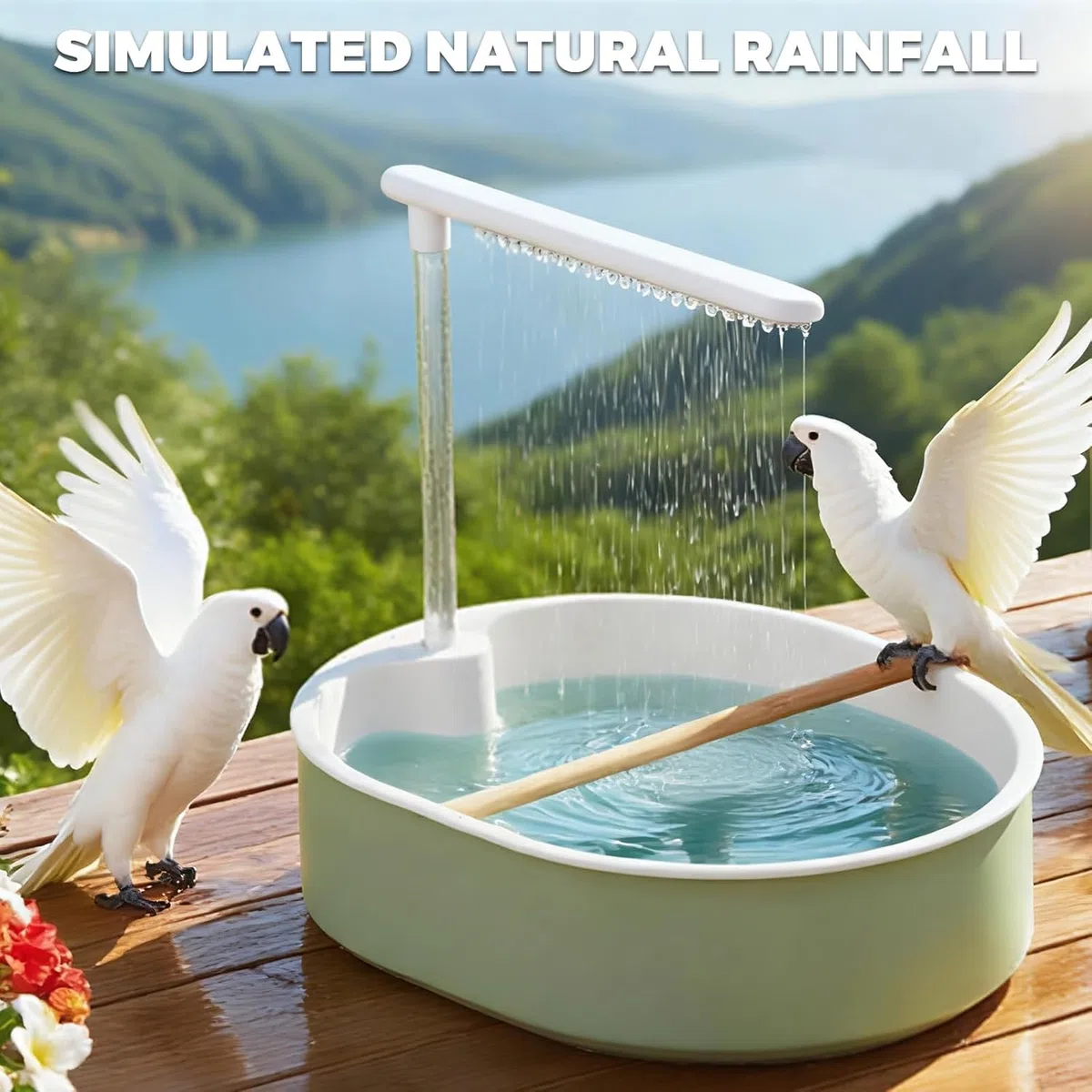 Doccia per Uccelli, Vasca da Bagno Automatica con Pompa USB e Acqua a Circolazione, Bagnetto per Gabbia con Multigetti per Cocorite, Calopsiti e Piccoli Pappagalli, Verde