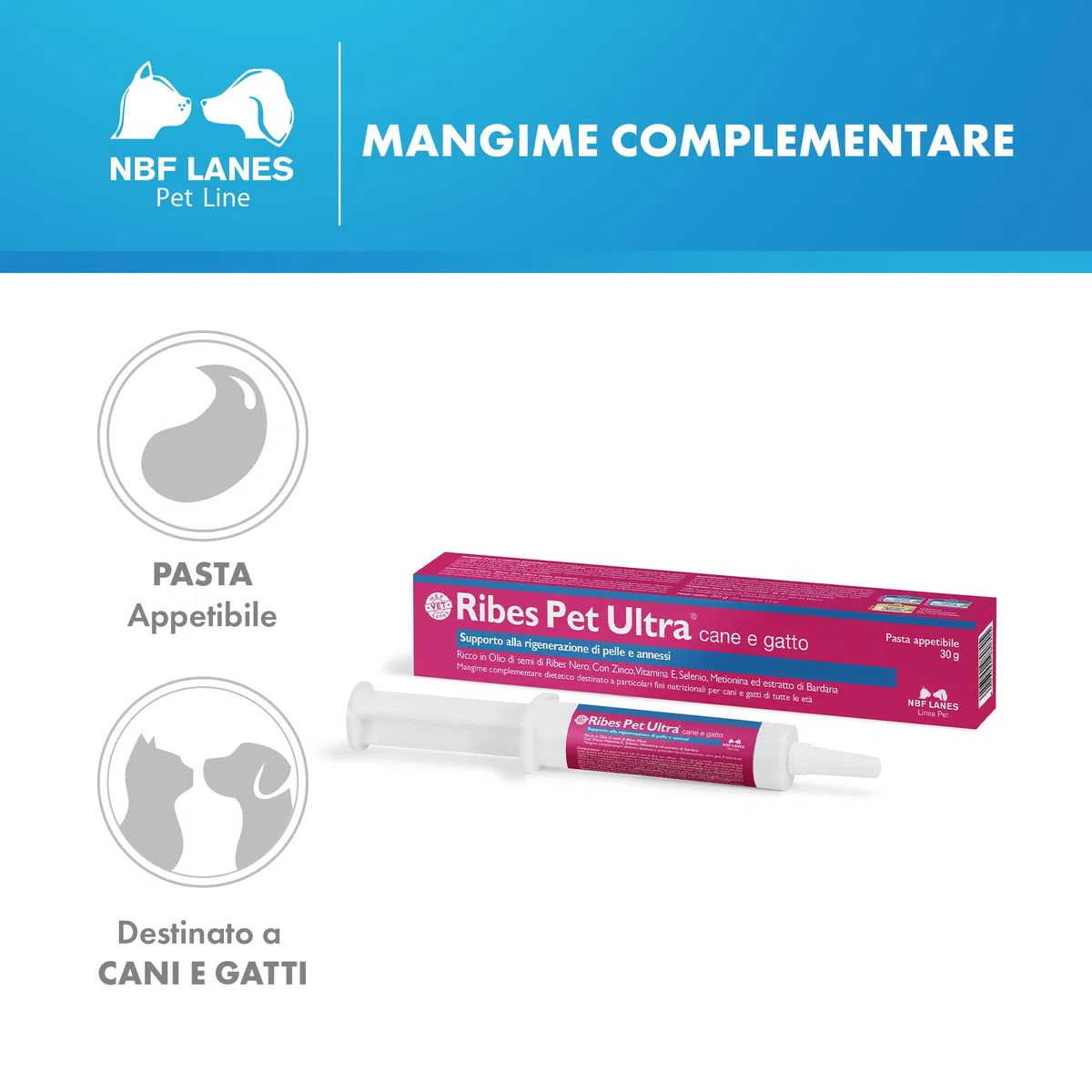 NBF Lanes | Ribes Pet Ultra Cane e Gatto, Pasta Appetibile 30 g, Supporto alla Rigenerazione di Pelle e Annessi